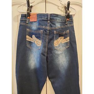 NWT WOMENS 15/34 1/2 BOOT CUT STRETCH MATERIAL DARK BLUE DISTRESSED JEANS
